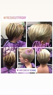 Amazing transformation. Love her sassy new shirt hair!