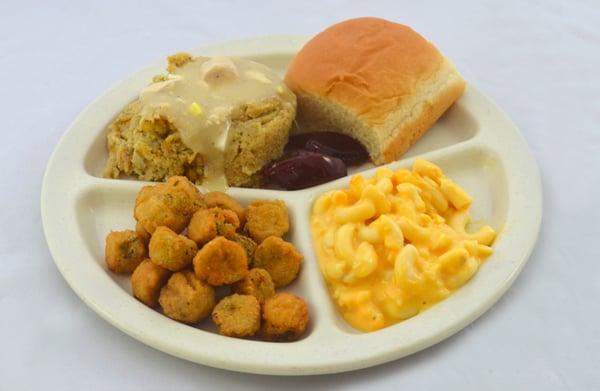 Chicken Dressing with Cranberry Sauce, Okra, Macaroni & Cheese and a Roll