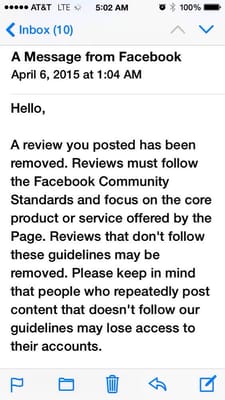 And Facebook telling me they deleted my review.