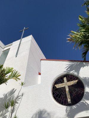 Outside of the front of the church looking up.