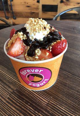 Fan favorite...Mom's Cake Batter with Hot Fudge, Strawberries, Nut, & Whipped Cream