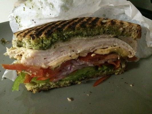 Half of The Sounder (pesto, gouda), plus tomatoes and peppers. Tastes as good - and is as large - as it looks.