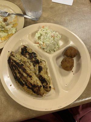 Coleslaw, Hushpuppies, blackened fish