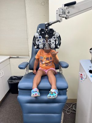 My 3 yo first eye exam. I thought she was too young but Dr. Kato said it's the perfect age to set a baseline.