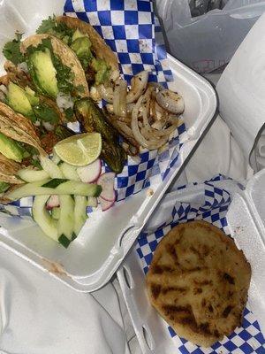 Pastor mini tacos + cheese and chicharron pupusas