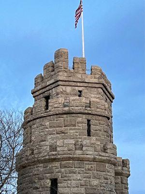 The Grand Union Flag - The First National Flag of the US flies over The Prospect Hill  Monument in Somerville MA.