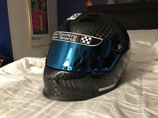 The HJC HX-10 III with blue chrome visor that Sean helped me pick out. Super lightweight!