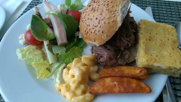 Wednesday BBQ Lunch Buffet samples: roast beef, seasoned potato wedges, mac-n-cheese, jalapeno corn bread, salad bar