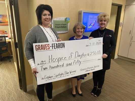 Rachel Fearon and Pam Wisecup presenting a #GravesFearonEmployeeSpotlight donation to Hospice of Dayton.