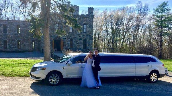 Four Star Limousine 8 passenger Lincoln MKT limo, new married Mr. & Mrs. Svenson at the Winnekenni Castle in Haverhill, MA