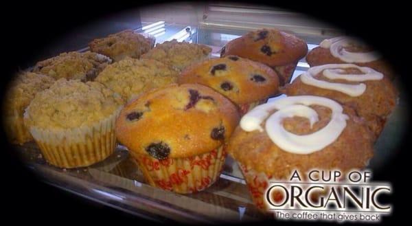 Baked goods. Freshly baked bagels and muffins.