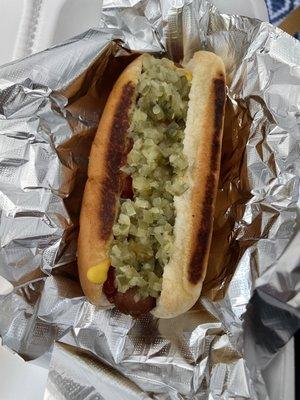 6" dog with mustard, ketchup, and dill relish.