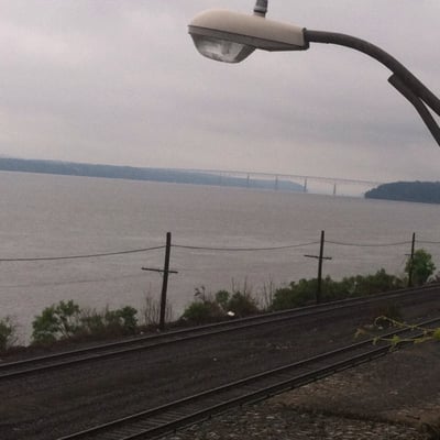 A dreary day with a nice view of the Hudson River and bridge.