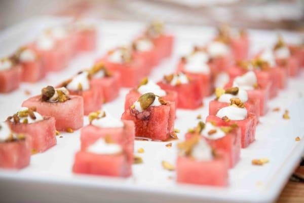 July 2016 Summer Party- Watermelon cube with goat cheese mousse, balsamic reduction and pistachios