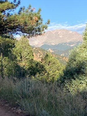 Pike's Peak from the backyard, Blue Spruce Cabin.