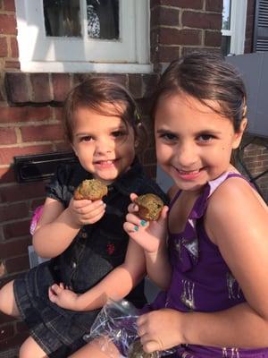 Kale smoothie brownies from the market.  The girls approve. "Yummy"!!