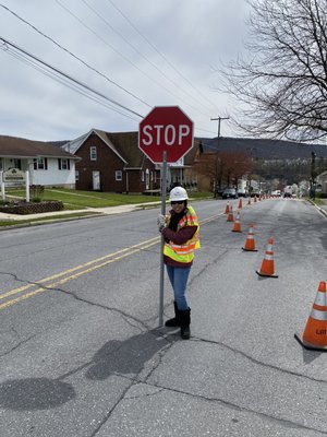 My wonderful girlfriend out for the day helping us flag for tree removal on busy street.