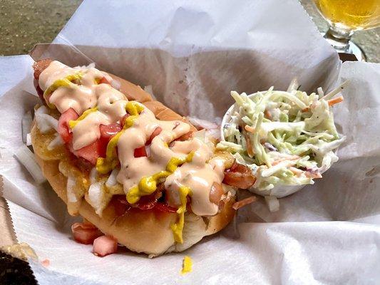 The France 4 - hot dog w/ yellow mustard, thousand island dressing, onions, beer cheese, bacon & tomatoes + side (cole slaw) $8 July 2021