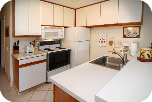 The kitchen at Aloha Dreams Condo is fully equipped.