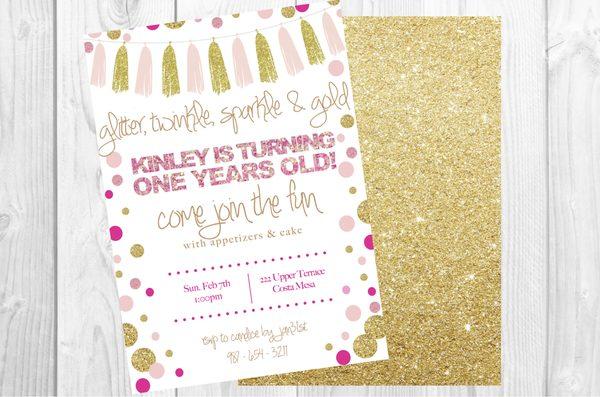 Glitter, sparkle and gold 1st Birthday Invitation