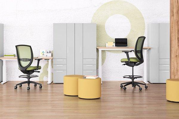 Kimball Wish Seating, Dwell ottoman, and Xsede Height Adjust Desking.