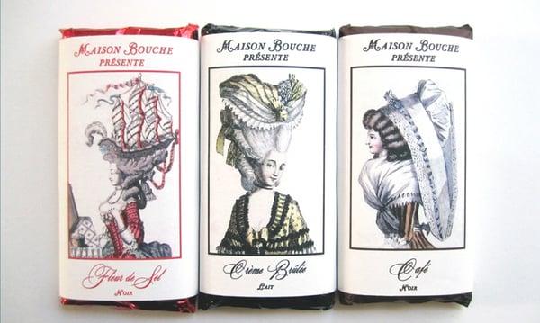 Maison Bouche Couture et Confections bars with labels taken from 18th century French fashion prints.