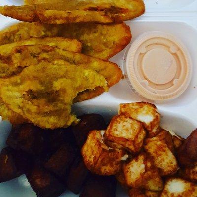 Salami,  tostones, and fried cheese