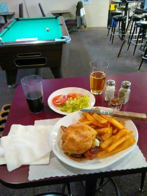 Outstanding hamburger and steak fries a little touch of Zaya rum and a PBR around it