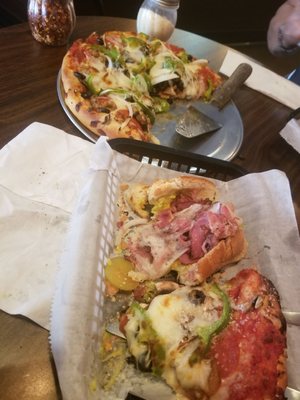 Hot pastrami sub and House pizza