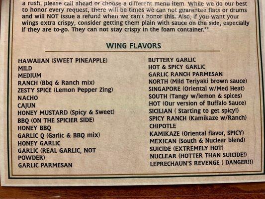 Wing sauce options.