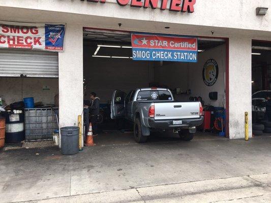 My Tacoma being parked inside so it can get scanned and smogged.