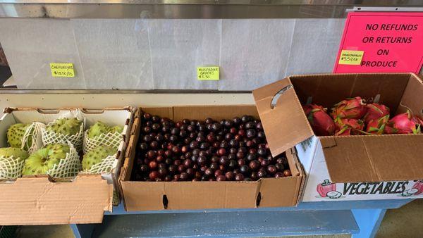 Cherimoyas, muscadine grapes, and dragonfruit.