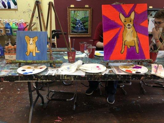 Our finished paintings. 10x10 on left was included in the price. It was $5 to upgrade for the larger canvas on the right.