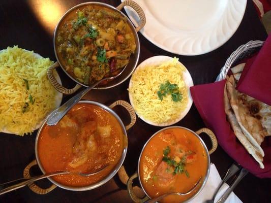 Chicken tikka masala, shrimp masala, vegetable curry & basmati rice