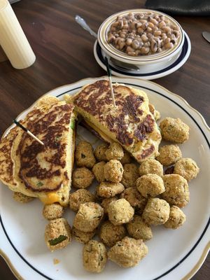 Round Steak Sandwich. Fried Okra, and Black-eyed Peas.