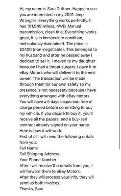 Very obvious scam.. no one sells a car this way. No one.