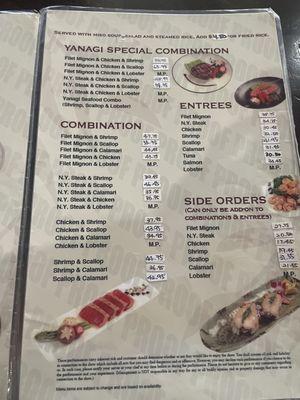 Menu for Teppanyaki grill