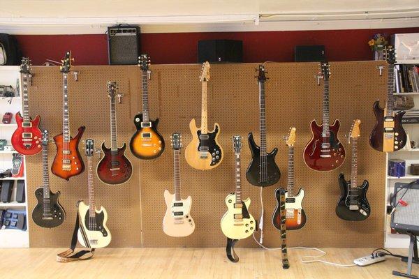 A rotating selection of used and new guitars, basses, drum kits, ukuleles, keyboards, amplifiers and accessories