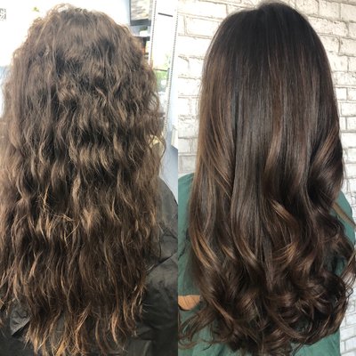 Before and after keratin treatment and baby lights ... no frizz no maintenance hair last up to 6 months cuts blow drying  time in half .