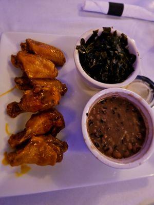 Poppa wings, collard greens and black eye peas