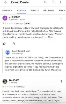 Proof that Coast Dental Does not CARE.  Their 2day dentist....Adrianna Porter, is unstable at the moment.