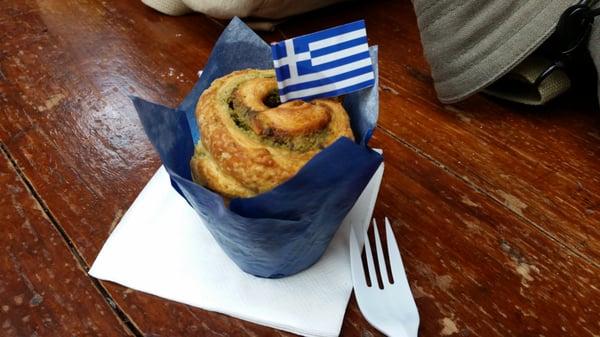 Super YUMMY!!  Greek BRUFFIN - Spiced Beef, Feta, Spinach and Kalamata Olives!