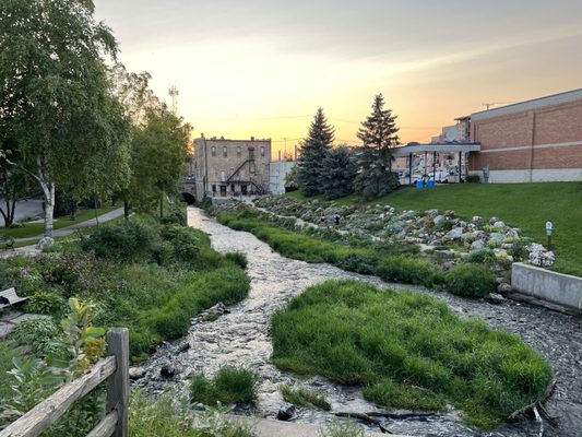 Brewed Omen outdoor seating area as seen from the bridge over the Rubicon River