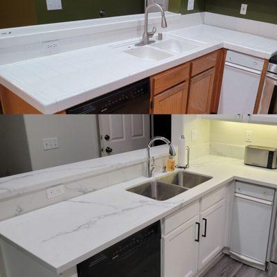 Before and after of our quartz counter tops