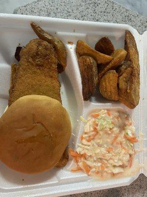 Fried fish with potato wedges and coleslaw. Everything fresh, coleslaw was okay