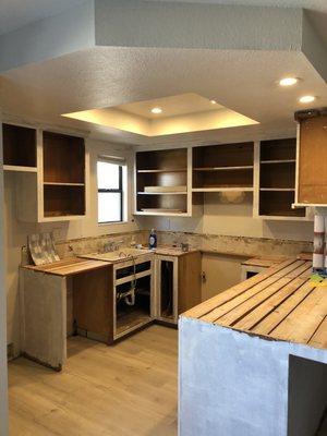 Kitchen with fluorescent & pendants removed.