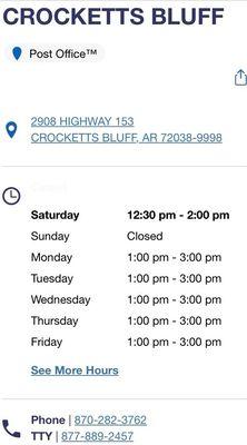 operational hours of Crocketts Bluff post office