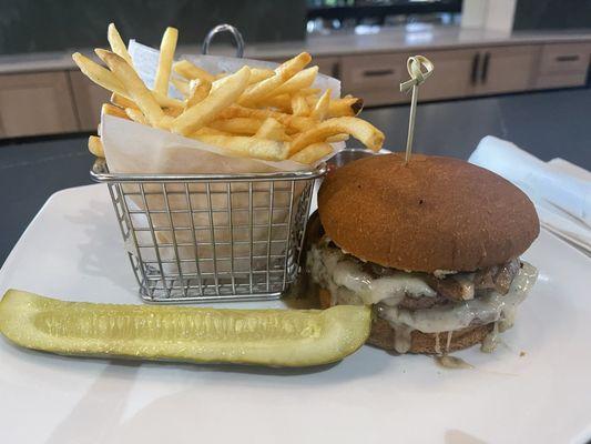 Mushroom Swiss burger on a gluten-free bun