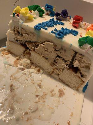 The cake kept falling apart when we cut it. It looks like they used leftover cake to make this one