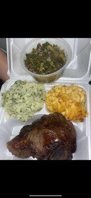 Pan Seared Ribeye, Parsley n Chive Potatoes, Baked Mac, and Greens